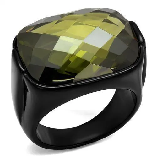 TK2639 - IP Black(Ion Plating) Stainless Steel Ring with AAA Grade CZ in Olivine color - Grocery