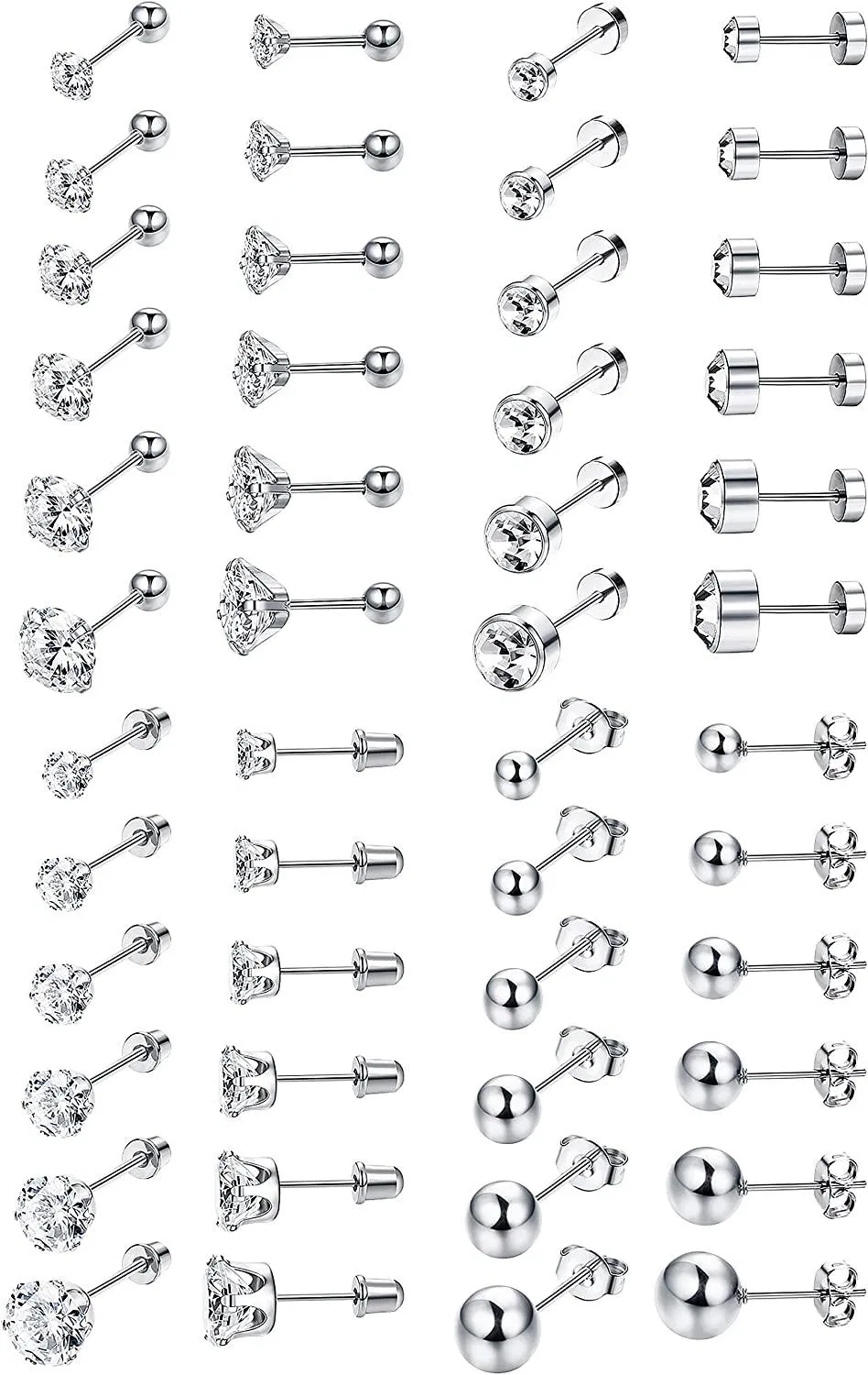 24Pairs 18G Stainless Screwback Cartilage Barbell Stud Earrings for Men Women CZ Flatback Tragus Helix Ear Stud Piercing Set - Grocery