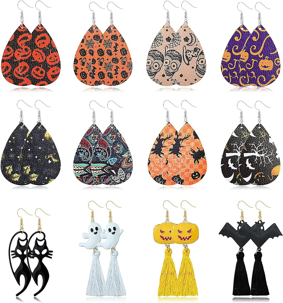 12 Pairs Faux Leather Teardrop Earring Set for Women Lightweight Pumpkin Bat Cat Spider Alien Web Dangle Earrings - Grocery