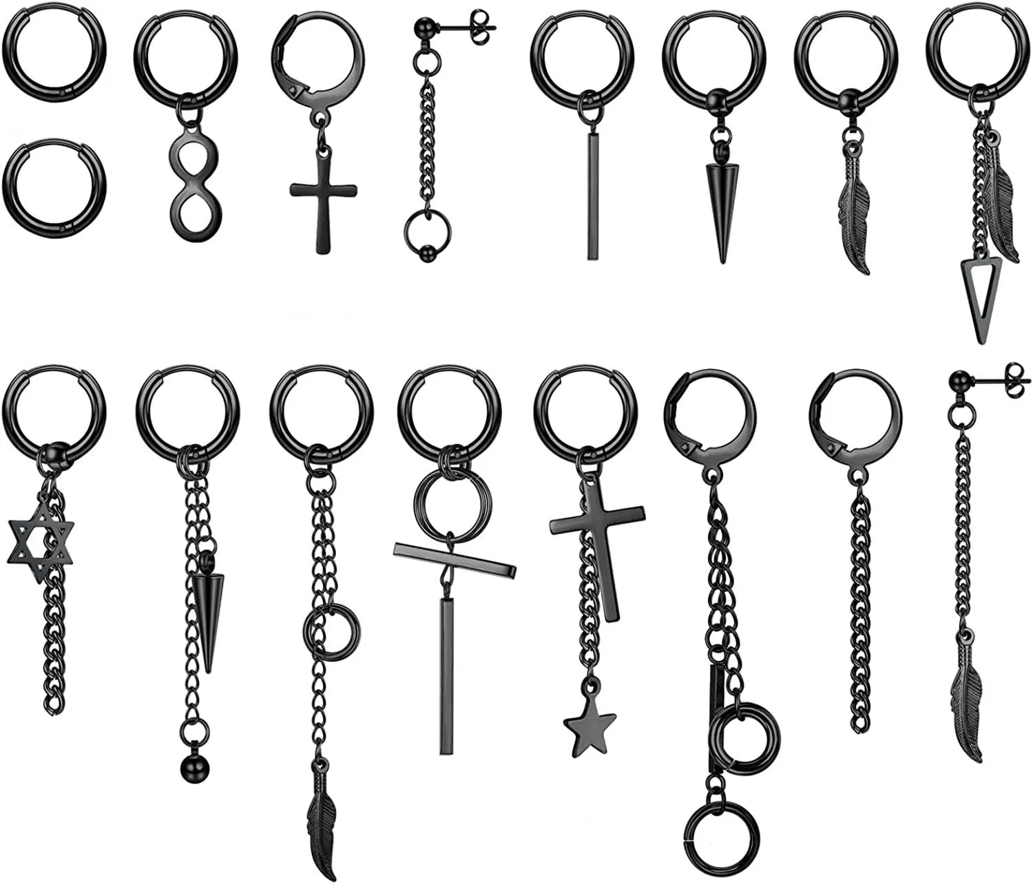 17 Pieces Hoop Dangle Earrings for Men Women Stainless Steel Cross Earrings Set Silver Chain Feather Star Hoop Earrings Punk Kpop Earrings - Grocery