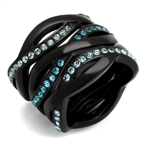 TK2492 - IP Black(Ion Plating) Stainless Steel Ring with Top Grade Crystal in Sea Blue - Grocery