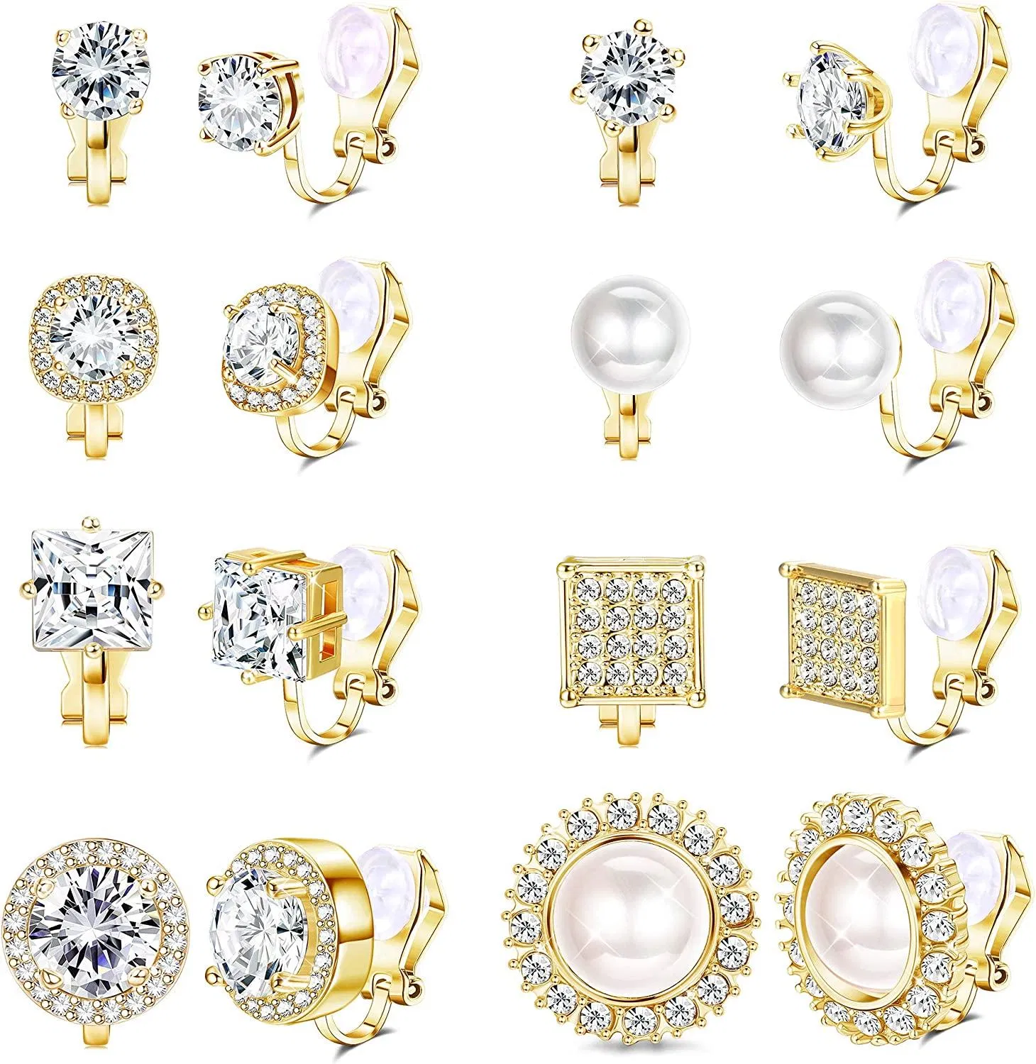 8Pairs Cubic Zirconia Peal Clip On Stud Earrings For Women Simulated Diamond Halo Non Pierced Earring Womens Clip On Earrings Set for Anniversary - Grocery