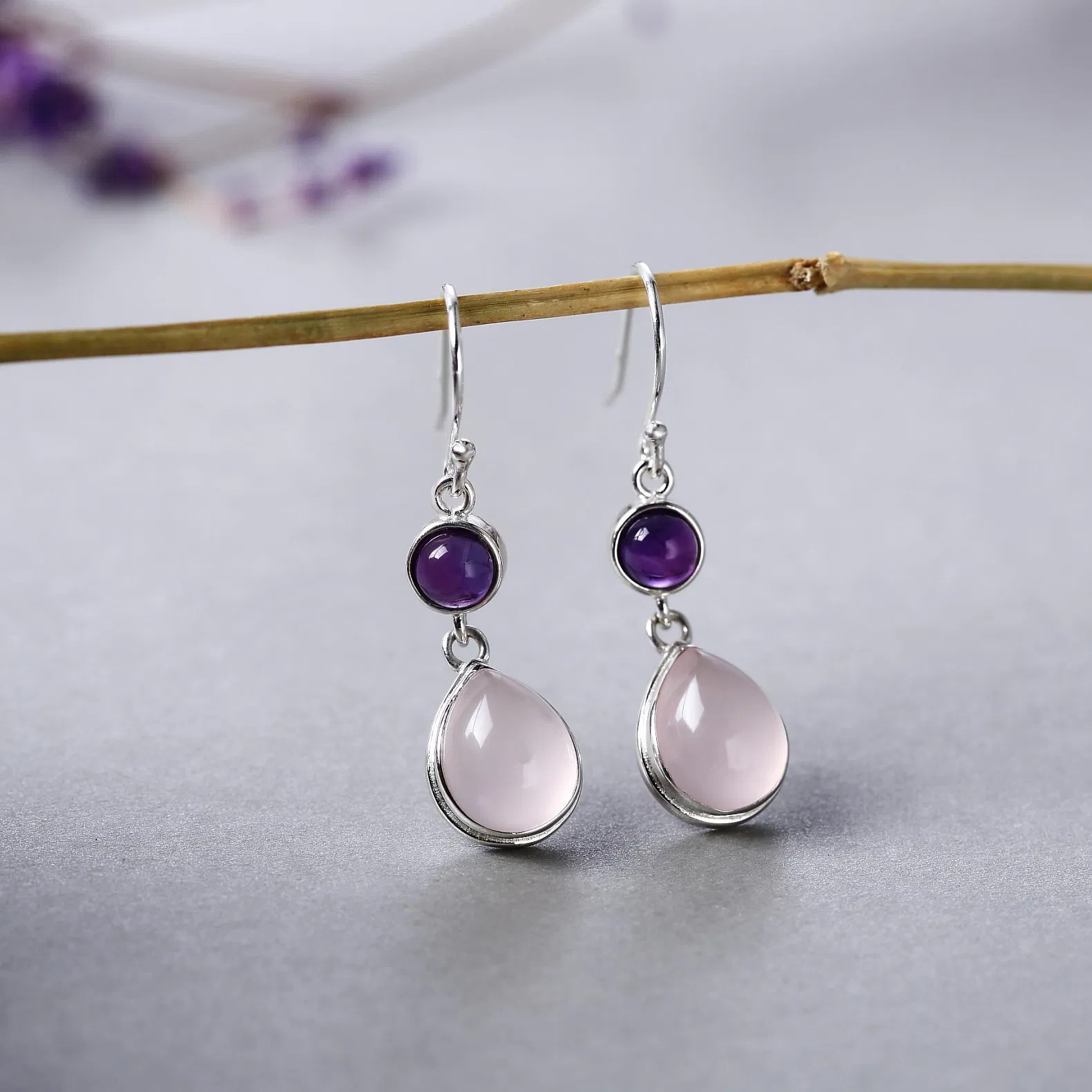 S925 Silver Inlaid Pink Crystal Earrings Water Drop Hibiscus Stone Thai Silver Crystal Earrings Female - Grocery