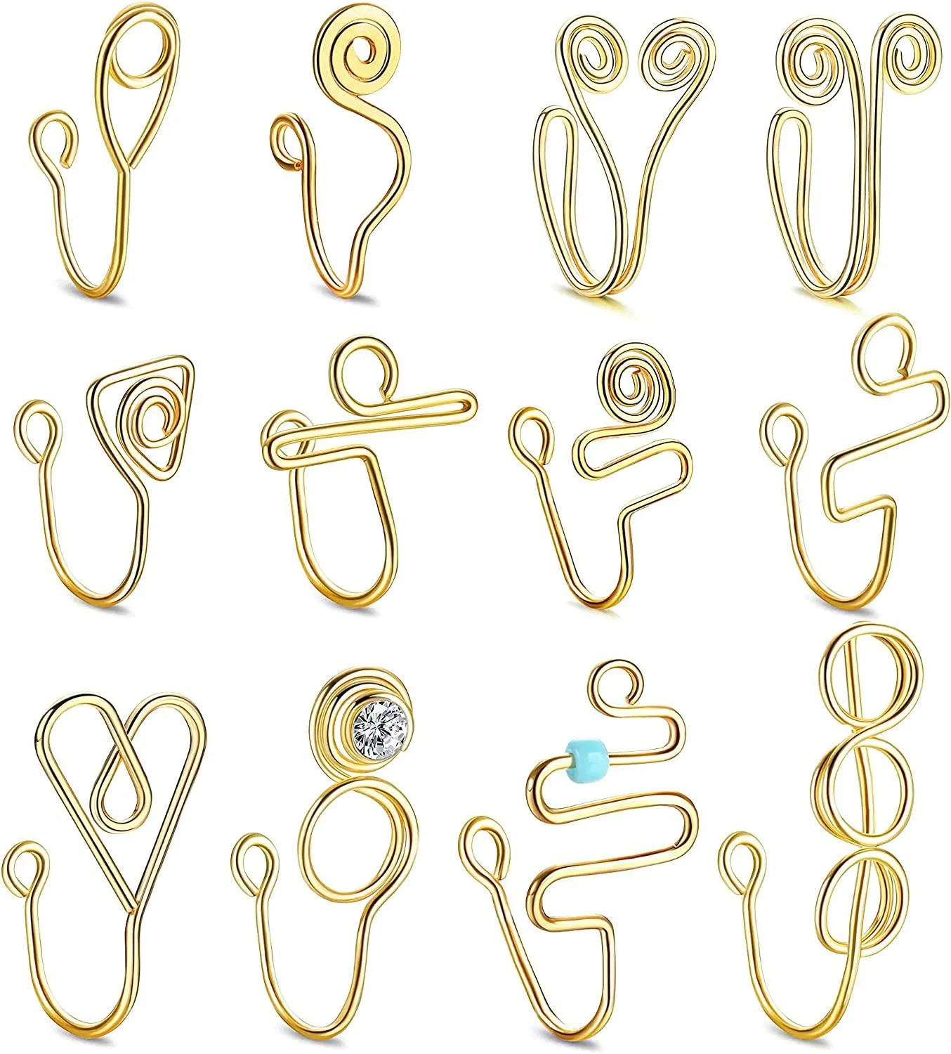12 Pcs African Nose Cuffs Fake Nose Ring for Women 14k Gold Plated Clip On Nose Rings Adjustable Faux Nose Rings Hoop Non Piercing Jewelry - Grocery