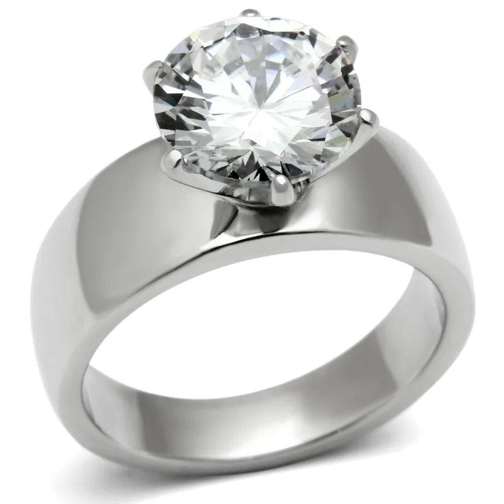 TK520 - High polished (no plating) Stainless Steel Ring with AAA Grade CZ in Clear - Grocery