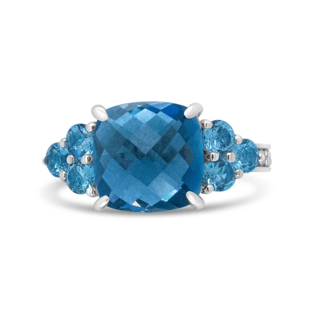 18K White Gold 10mm Cushion Shaped Blue Topaz and 1/6 Cttw Diamond 3 Stone Style Ring (F-G Color, VS1-VS2 Clarity) - Ring Size 6.5 - Grocery