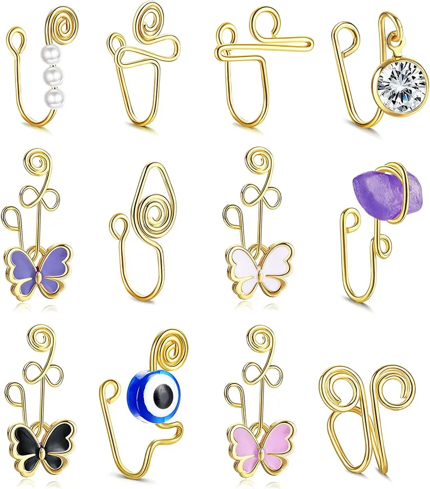 12PCS African Nose Cuff Non Piercing for Women; Adjustable Clip On Fake Nose Rings Evil Eye Crystal Pearl Nose Cuffs Ear Cuff Fake Piercings Jewelry - Grocery