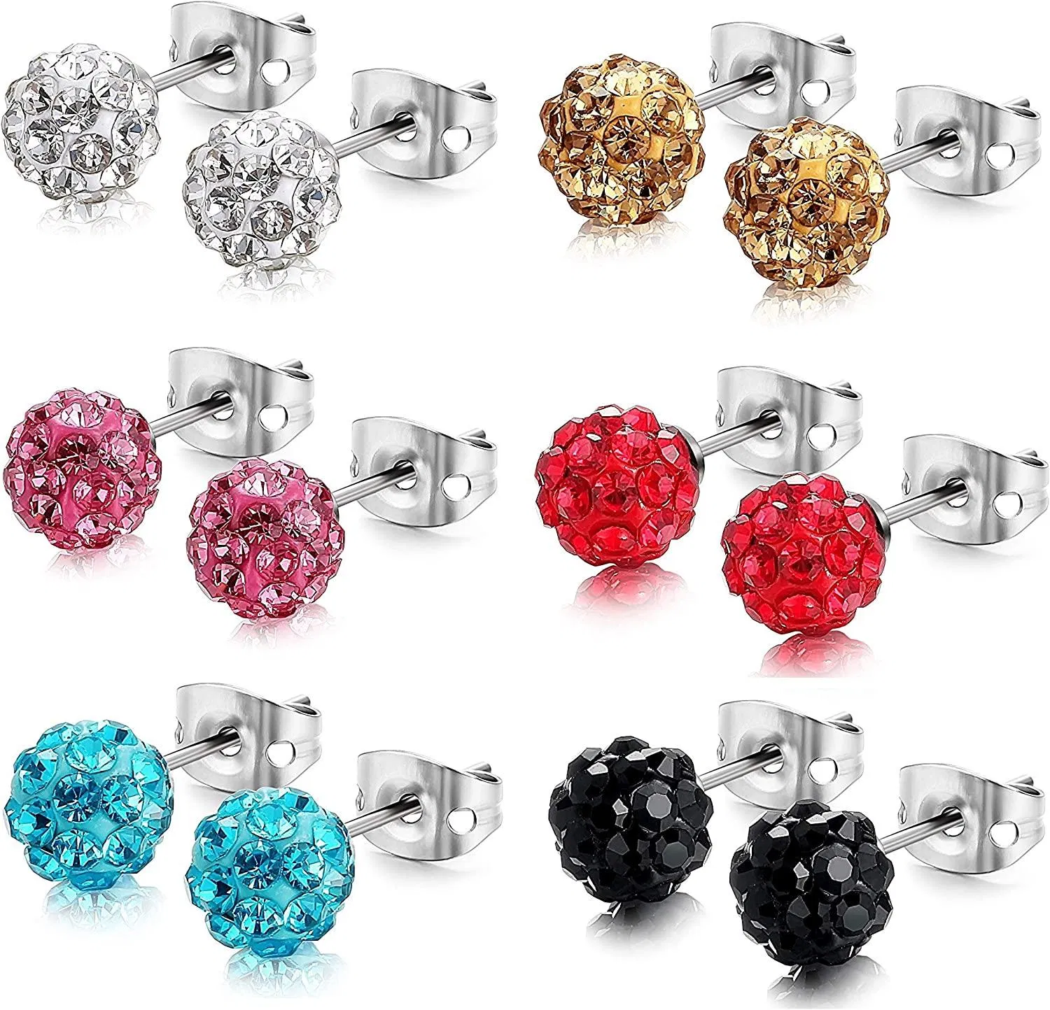 6Pairs Stainless Earring for Women Crystal Ball Stud Earring Disco Ear Piercing Earring Set; 8mm - Grocery