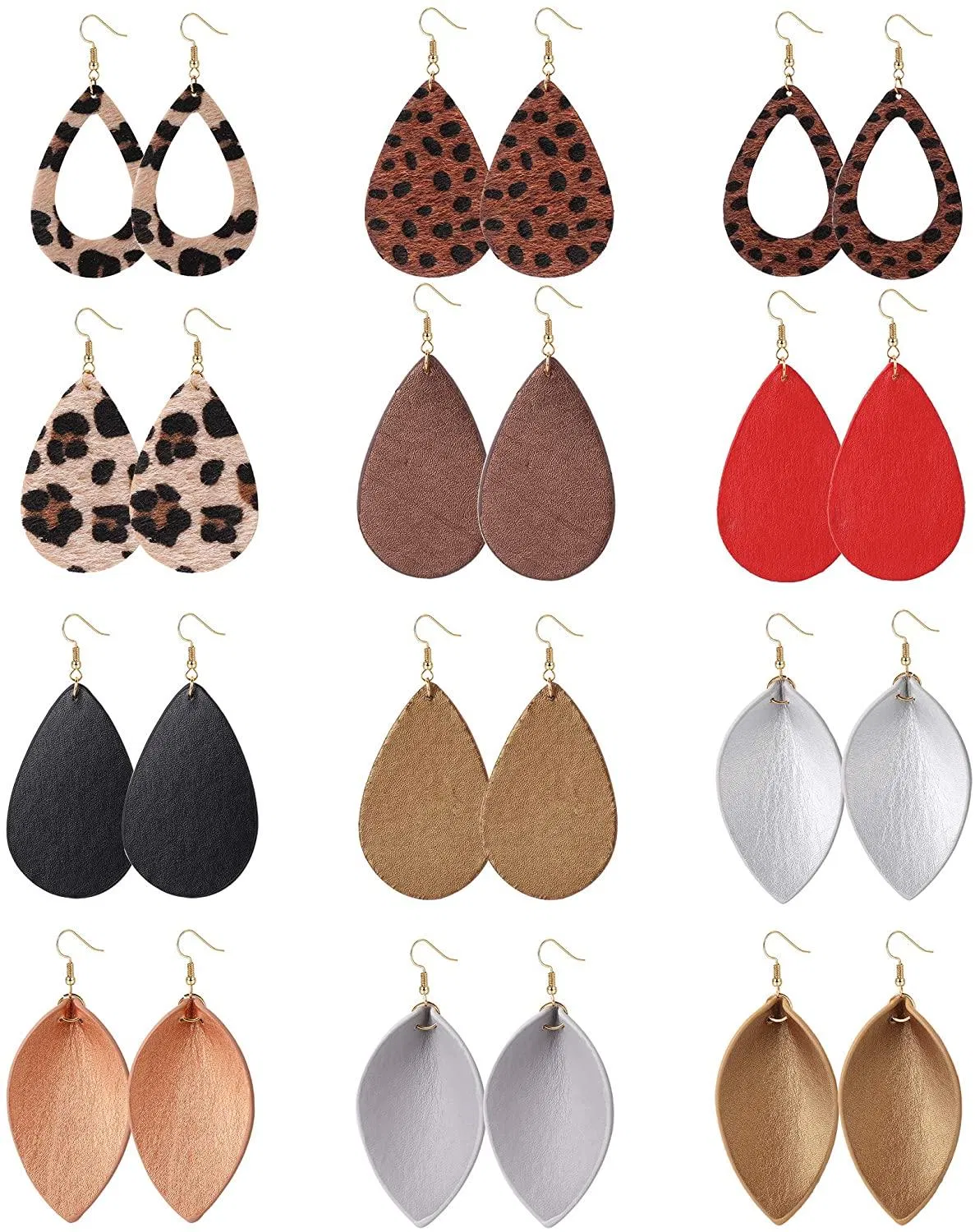 12 Pairs Leather Earrings for Women Teardrop Leaf Dangle Drop Earrings Lightweight Petal Leopard Earrings Set - Grocery