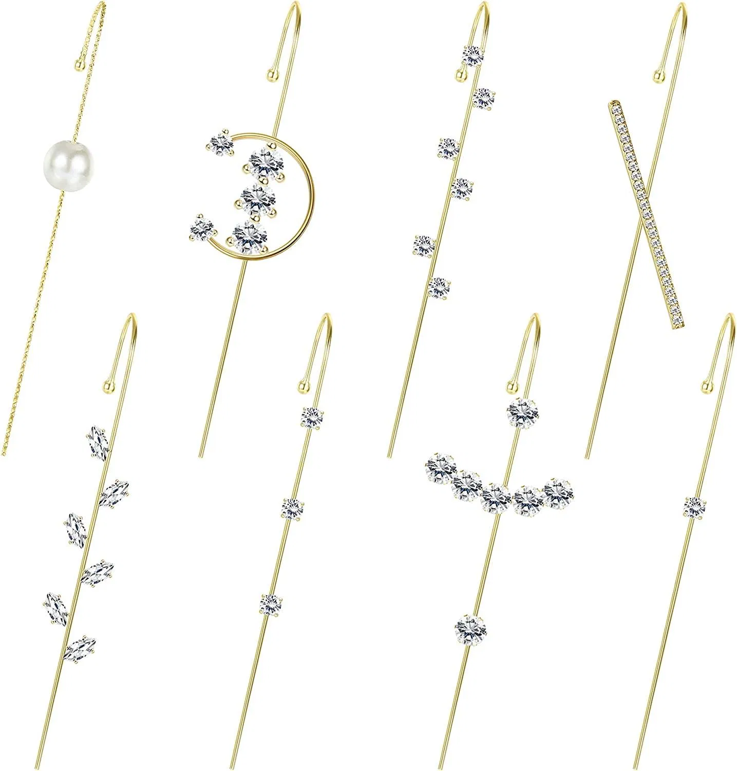 8 Pieces Ear Cuff Wrap Crawler Hook Earrings for Women Cubic Zirconia Ear Studs Alloy Ear for Wedding Birthday Valentine Day - Grocery