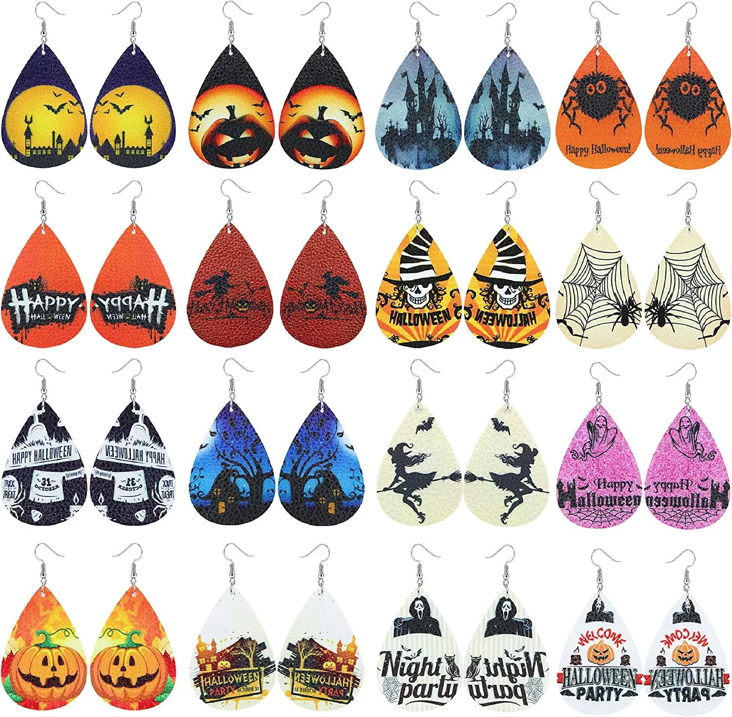 16Pairs Leather Earrings for Women Teardrop Earrings Dangle Halloween Costume Party Earrings Pumpkin Bat Spider - Grocery