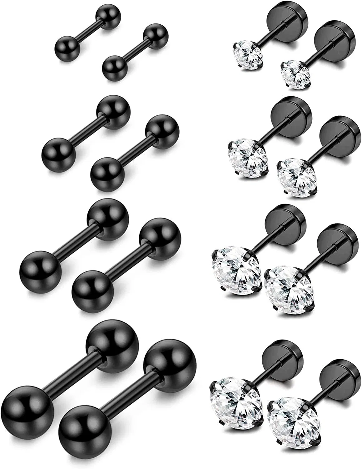 8 Pairs 18G Stainless Ear Stud Piercing CZ Ball Barbell Flatbacks Studs Earrings Cartilage Tragus Helix Comfortable Stud Earrings 6mm - Grocery