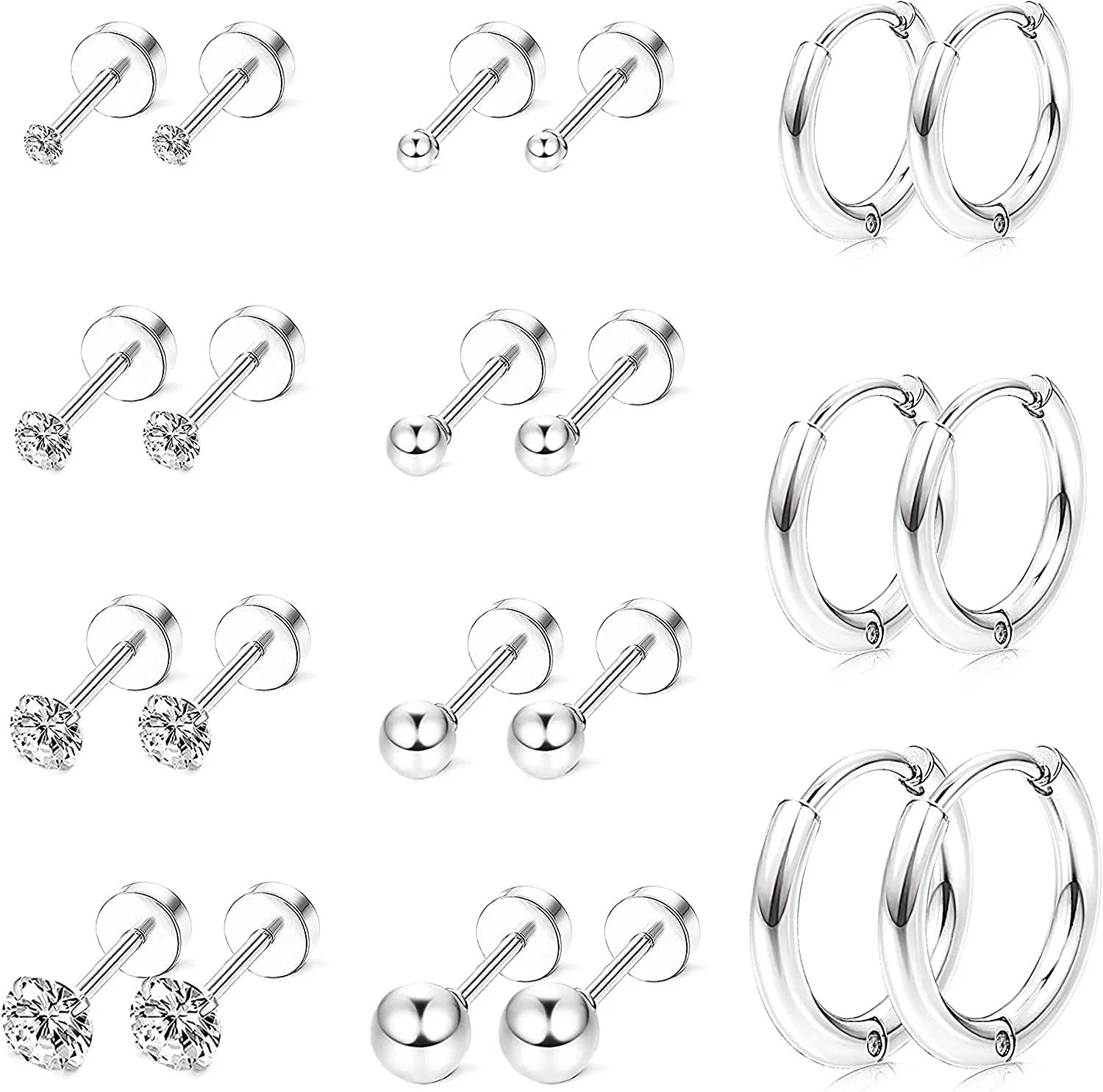 11 Pairs Stainless Steel Cartlidge Cubic Zirconia Earrings Ball Stud for Women Helix Earring Set Tragus Earring Flat Ball Back Screwback Helix Earrings - Grocery