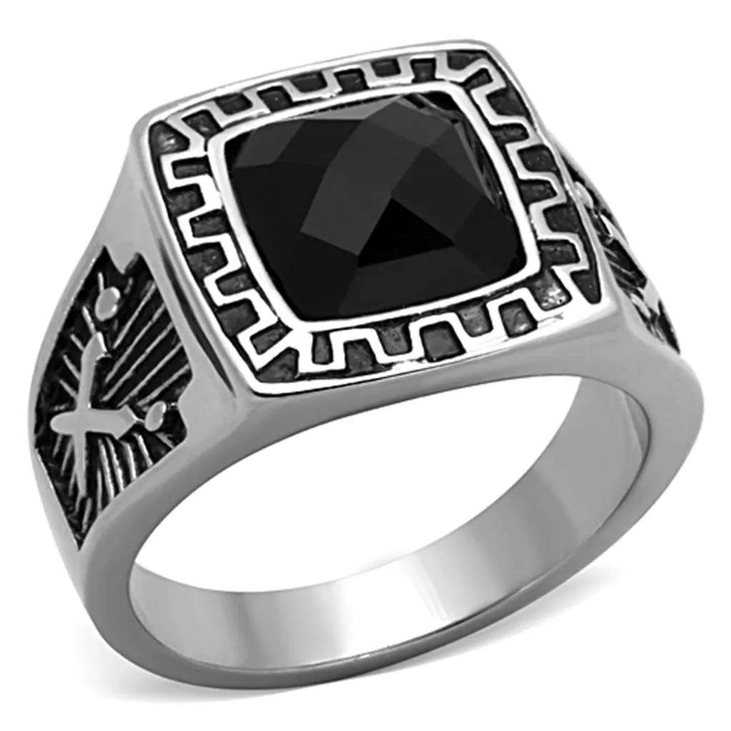 TK1356 - High polished (no plating) Stainless Steel Ring with Synthetic Synthetic Glass in Jet - Grocery