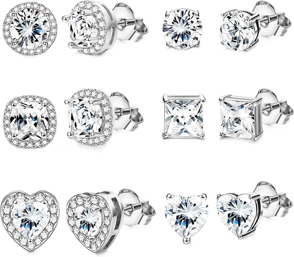 6 Pairs Cubic Zirconia Stud Earrings Set for Women Stainless Halo Earrings Round Square Heart 6 mm CZ Brilliant Cut Earrings Gift - Grocery