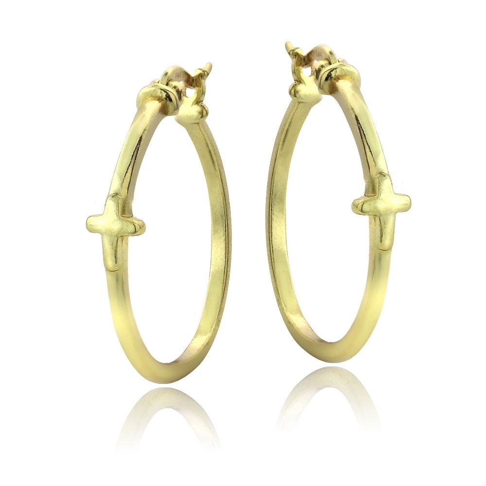 Gold Tone over Sterling Silver Cross Polished Hoop Earrings - Grocery
