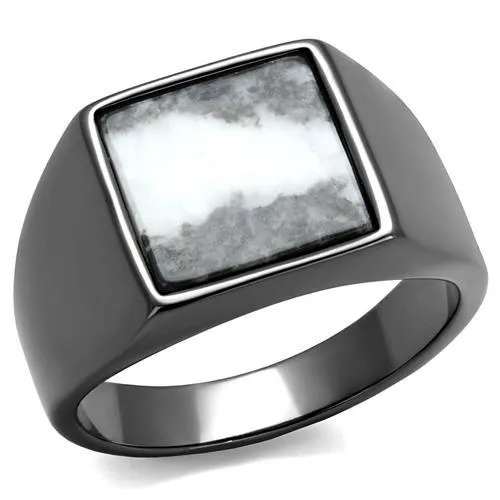 TK3005 - IP Light Black (IP Gun) Stainless Steel Ring with Semi-Precious Zebra Jasper in Gray - Grocery