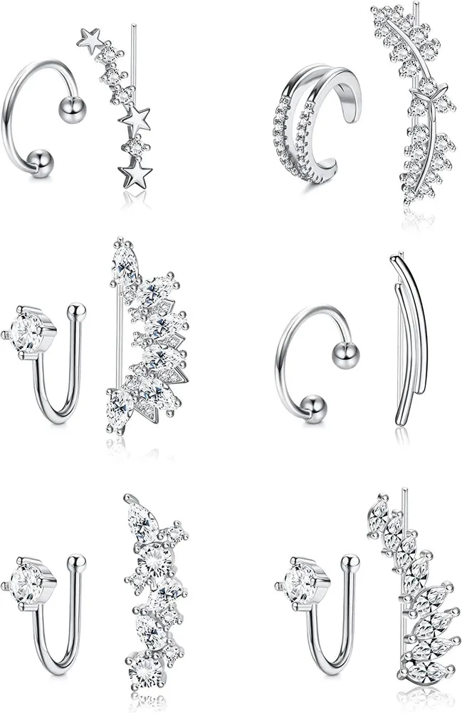 12Pcs Ear Cuffs Climber Hoop Earrings for Women CZ Inlaid Crawler Stud Cartilage Wrap Clip On Earrings Adjustable - Grocery