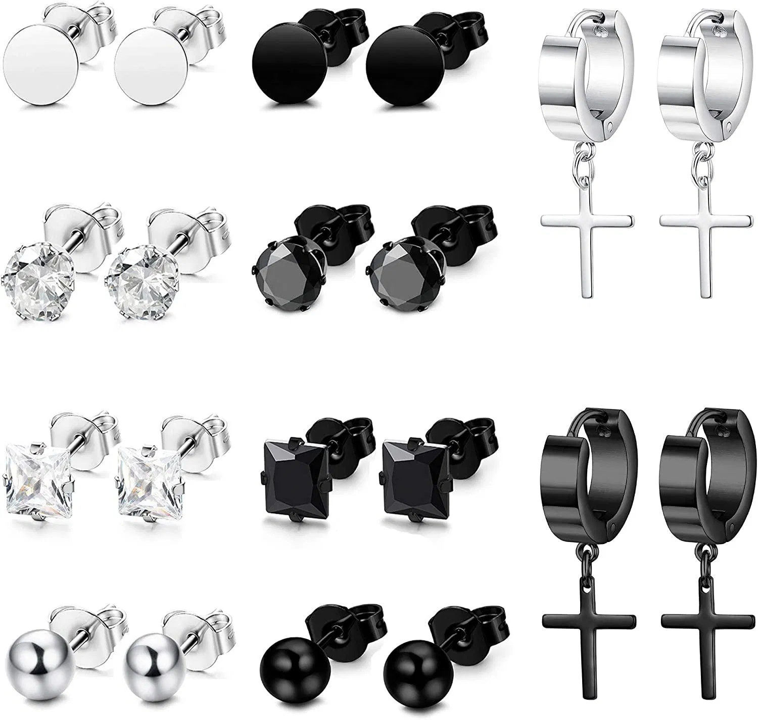 10 Pairs Stainless Stud Earrings for Men Women Huggie Cross Earrings Classic Zircon Ear Piercing Screw Studs Earrings Set - Grocery