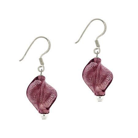 Sterling Silver Purple Twisted Foil Glass Glitter Dangle Hook Earrings - Grocery