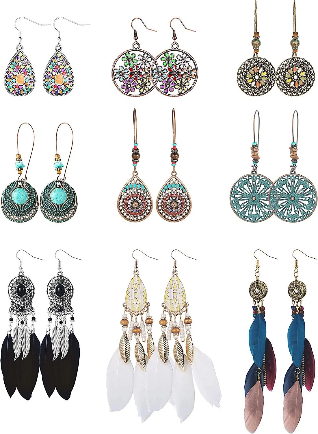 Bohemian Vintage Statement Earrings For Women National Style Hollow Water Drop Leaf Shaped Dangle Earrings Tassel Feather Earrings 9Pairs - Grocery