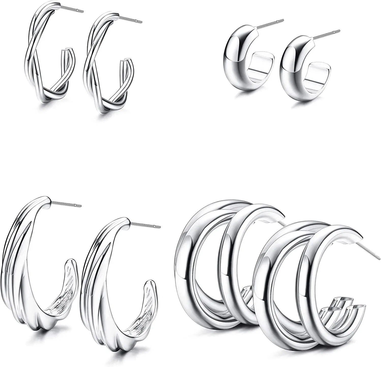 4 Pairs Gold Hoop Earrings for Women 14K Gold Plated Thick Chunky Open Hoops Lightweight Twisted Earring Set - Grocery