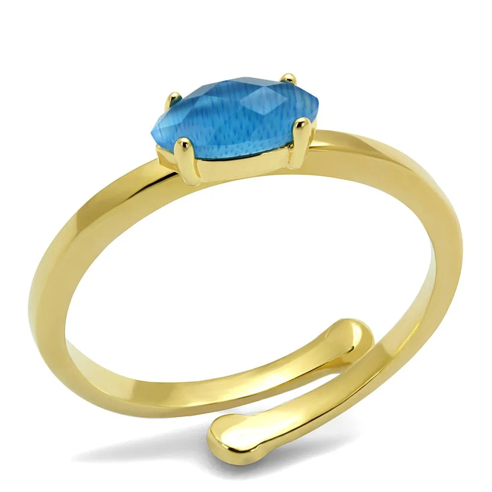 LO4064 - Flash Gold Brass Ring with Synthetic Cat Eye in Capri Blue - Grocery