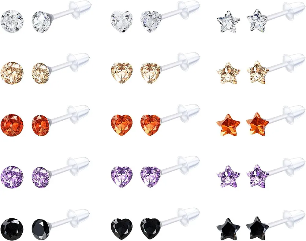 15Pairs Clear Plastic Stud Earrings for Women Acrylic Posts Multicolor Star Heart Round Rhinestone Ear Studs Cartilage Helix Piercing - Grocery