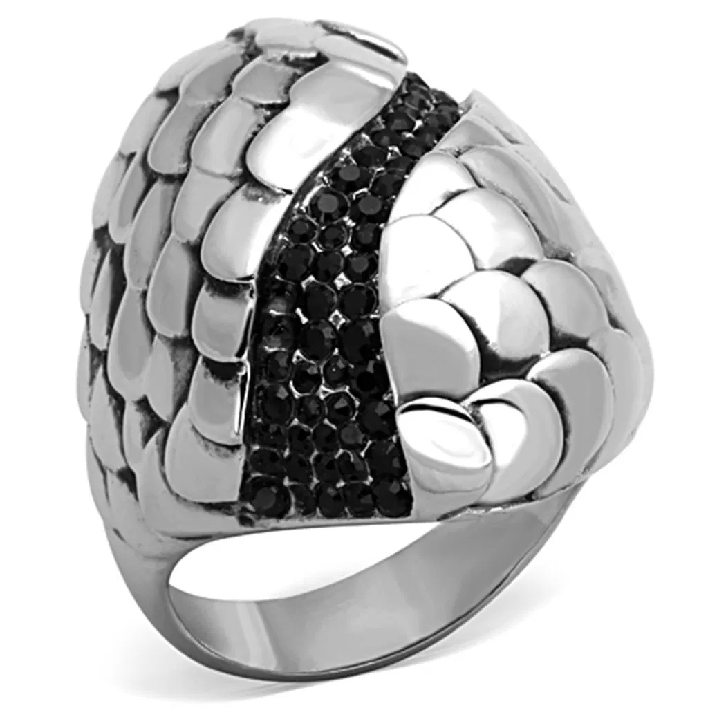 TK1327 - High polished (no plating) Stainless Steel Ring with Top Grade Crystal in Jet - Grocery