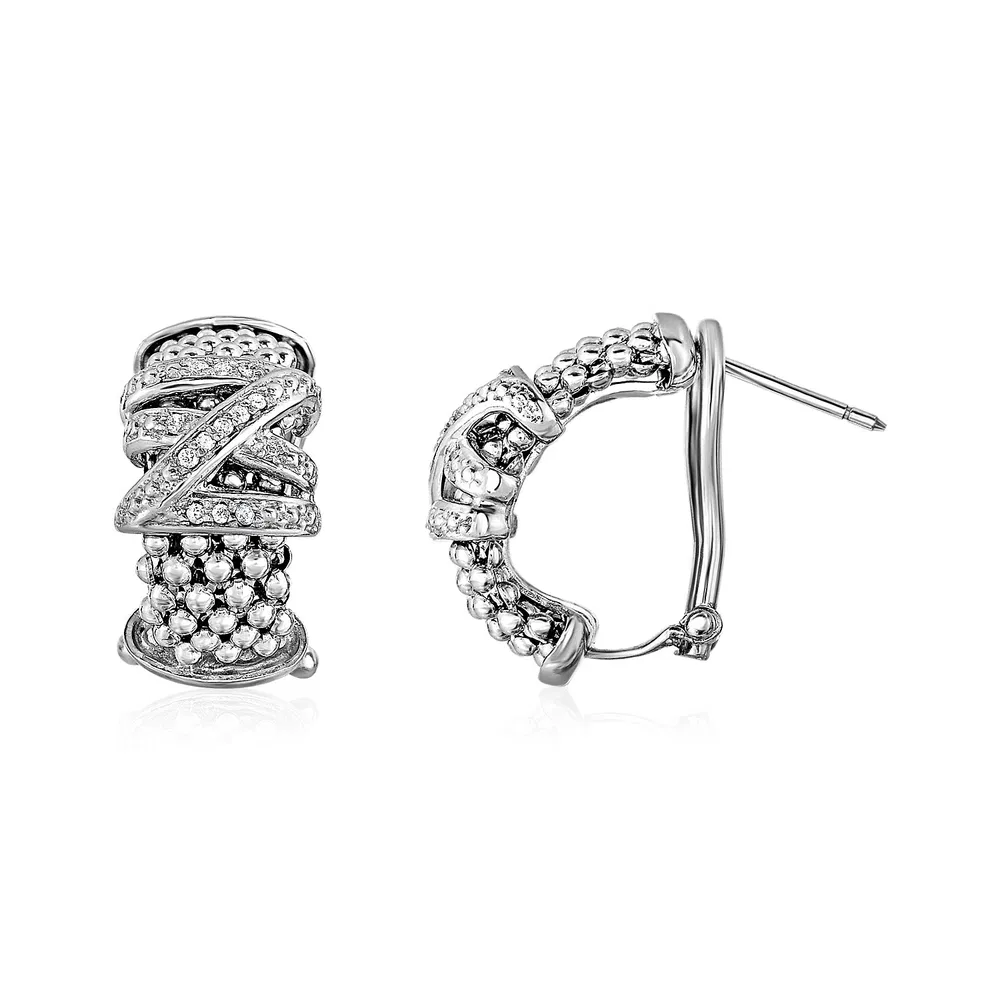 Popcorn Texture Earrings with Crossover Motif and Diamonds in Sterling Silver - Grocery