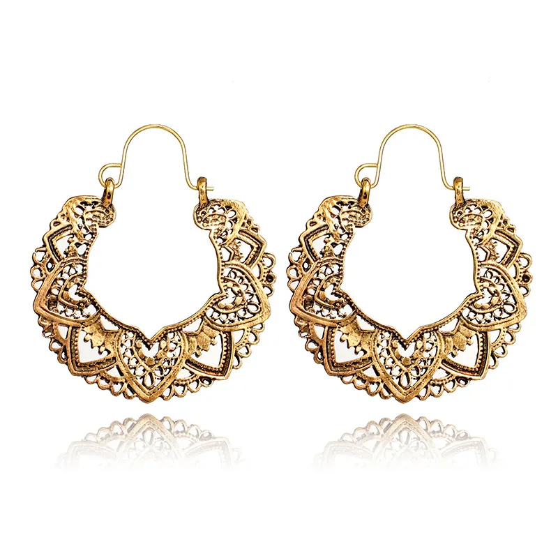 Exaggerated Vintage Boho Flower Carved Hoop Dangle Earrings For Women Decor 1Pair - Grocery