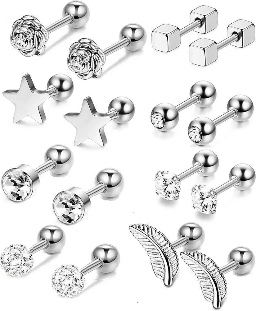 8Pairs Stainless Steel Cartilage Trague Earrings for Women Helix Ear Piercings Inlaid CZ Barbell Body Piercing Jewelry - Grocery