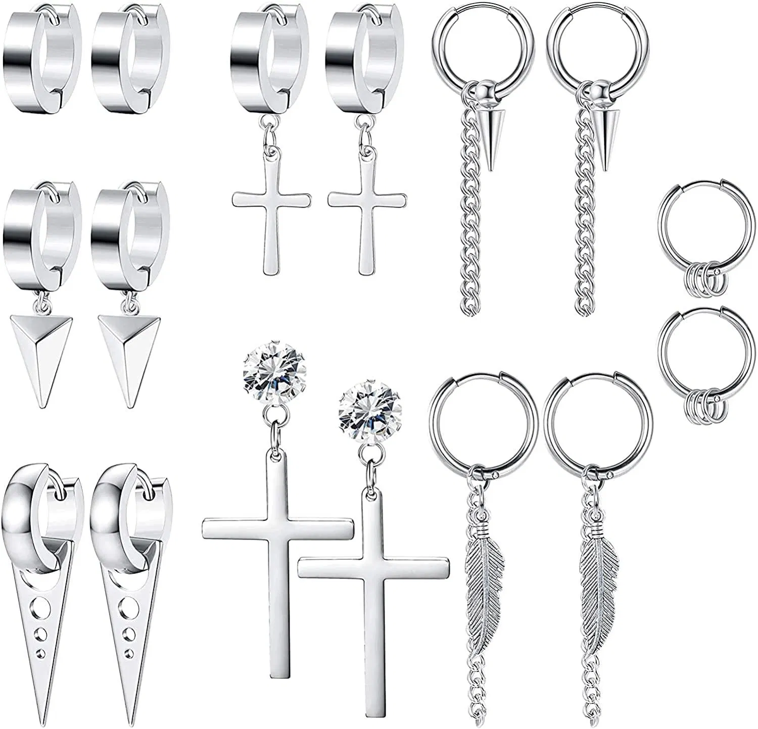 8 Pairs Stainless Stud Earrings Hoop Earrings for Men Women Small Hoop Drop Earrings Set Kpop Earrings Feather Piercing Huggie Cross Earrings Set - Grocery
