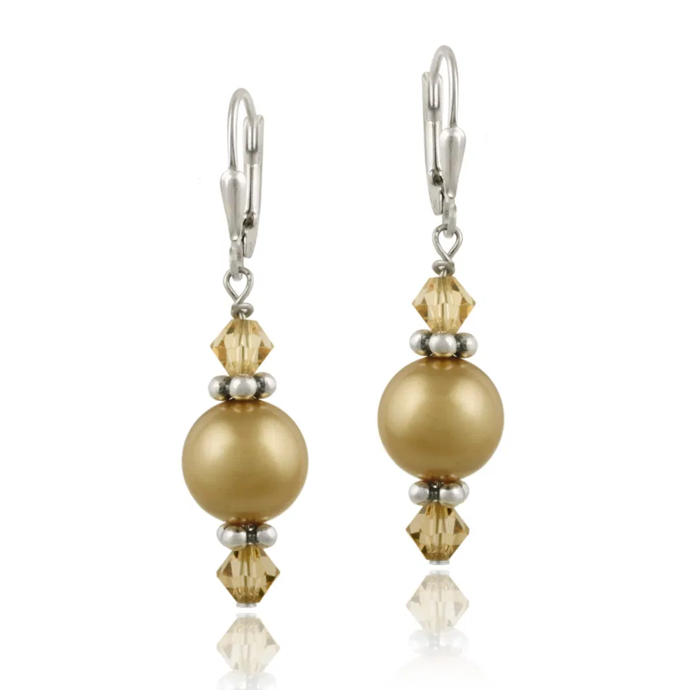 Sterling Silver Gold Swarovski Pearl & Crystal Dangle Leverback Earrings - Grocery
