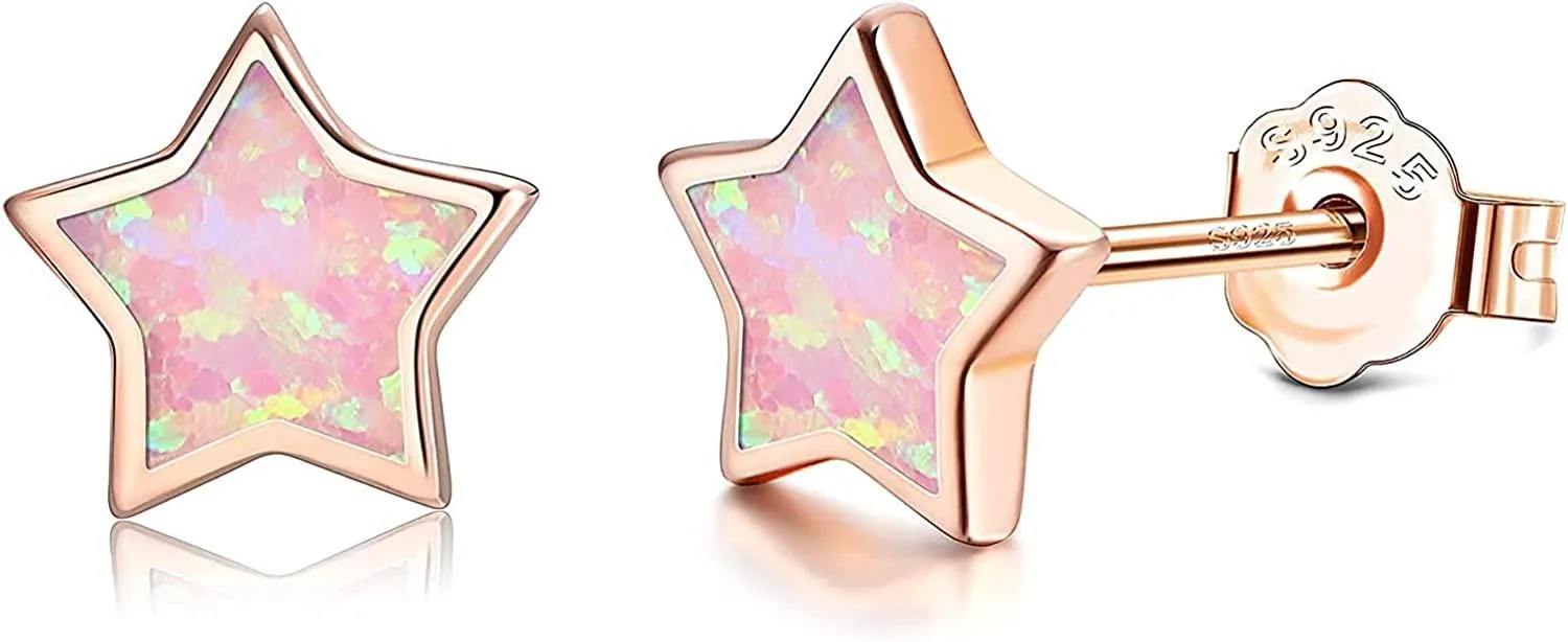 925 Sterling Silver Opal Earrings for Women 18K Gold Plated Minimalist Created Blue Pink White Fire Opal Moon Star Stud Earrings - Grocery