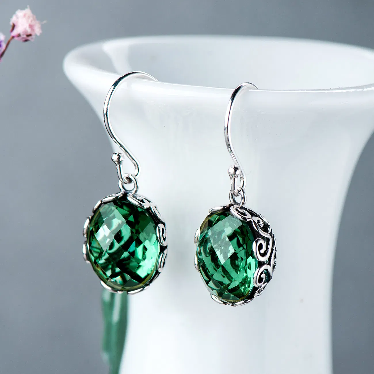 Silver Stone Bay Inlaid Carved Green Crystal Earrings Women's Long Simple S925 Silver Earrings Temperament Earrings - Grocery