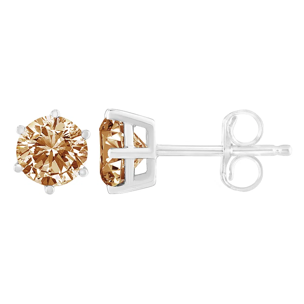 14K White Gold 1/5 Cttw Round Brilliant-Cut Champagne Diamond 6-Prong Tiffany-Style Stud Earrings (Natural Color, I2-I3 Clarity) - Grocery