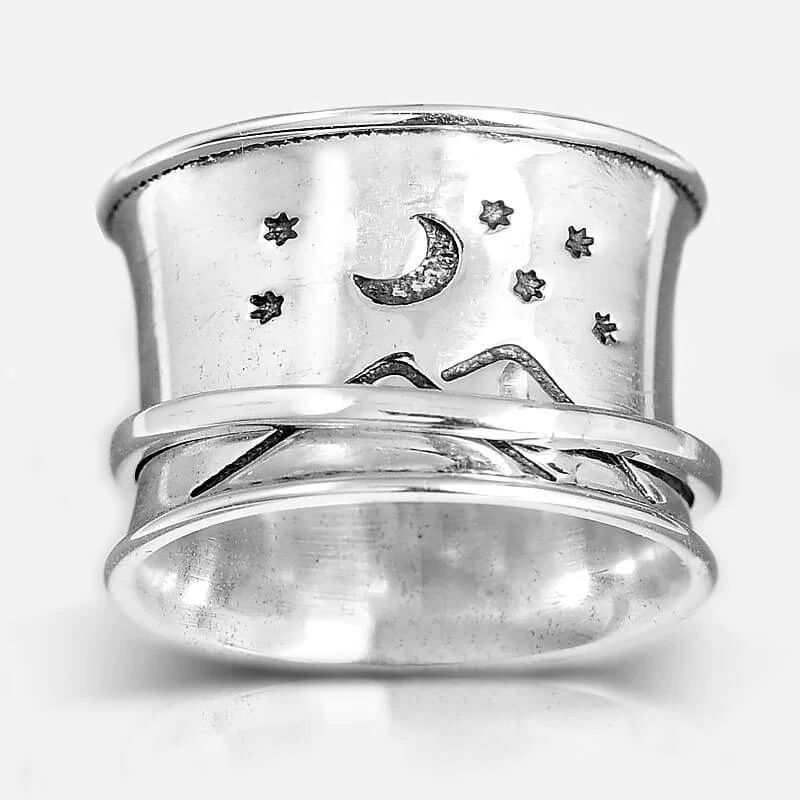 Star And Moon Pattern Rotatable Ring - Grocery