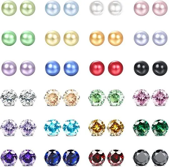 24 Pairs Stainless Womens CZ Stud Earrings Set Brilliant Cut Round Cubic Zirconia Birthstone Faux Pearl Ball Stud Piercings 5MM - Grocery