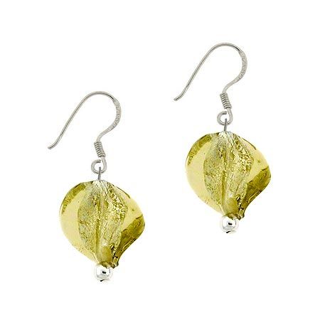 Sterling Silver Olive Green Twisted Glass Foil Bead Glitter Dangle Hook Earrings - Grocery