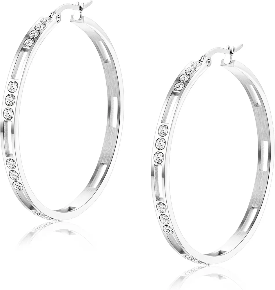 Women Large Hoop Earrings Cubic Zirconia Big Hoop Pierced Earrings Stainless 45MM - Grocery