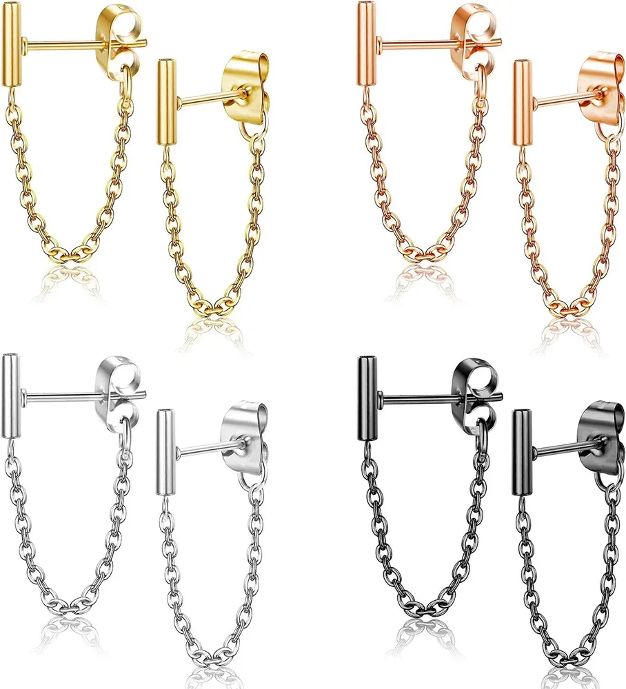 4 Pairs Minimalist Bar Stud Earrings with Chain Dangle Earrings for Women Men Tiny Line Chain Earring Set - Grocery