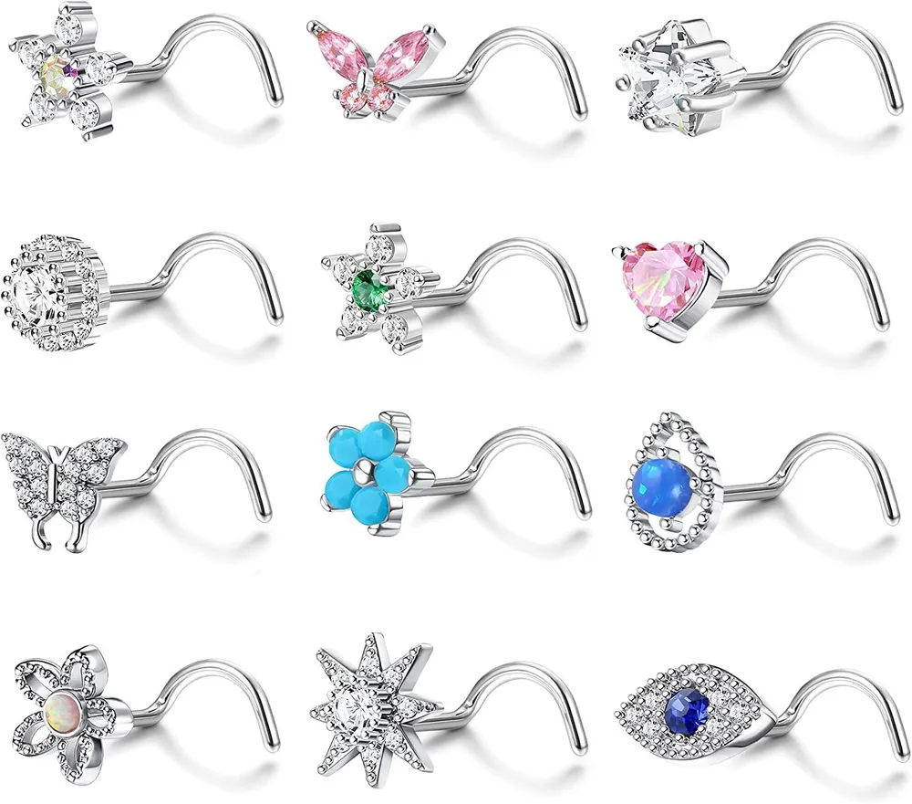 12Pcs 20G Nose Ring Stud L-Shape Nose Ring Cubic Zirconia Heart Butterfly Nose Screw Studs Stianless Opal Evil Eye Star Flower Nose Piercing Ring - Grocery