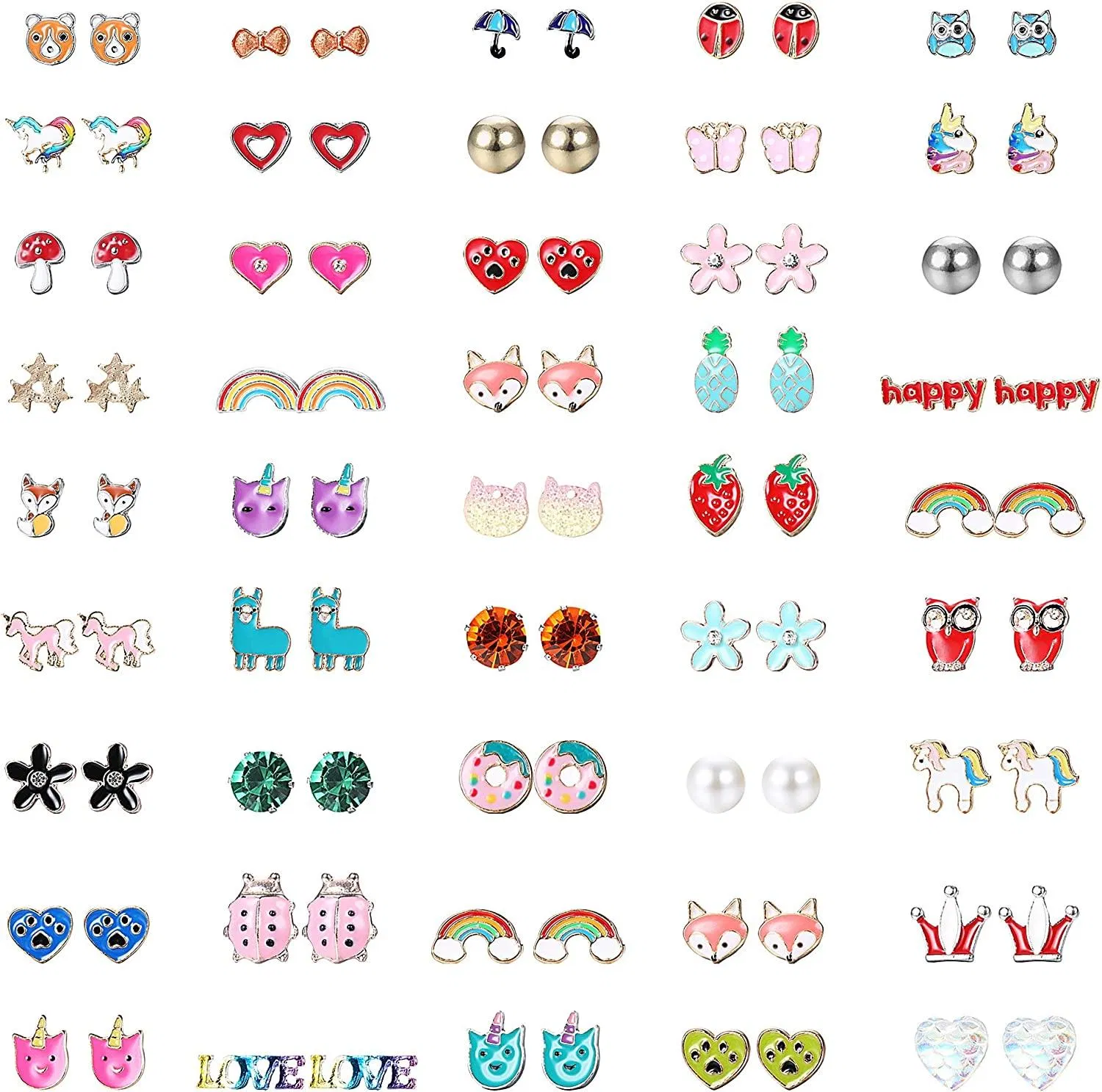 45 Pairs Stud Earrings for Women Flower Animals Heart Rainbow Pearls Owl Rhinestone Colorful Cute Earrings Set Jewelry - Grocery