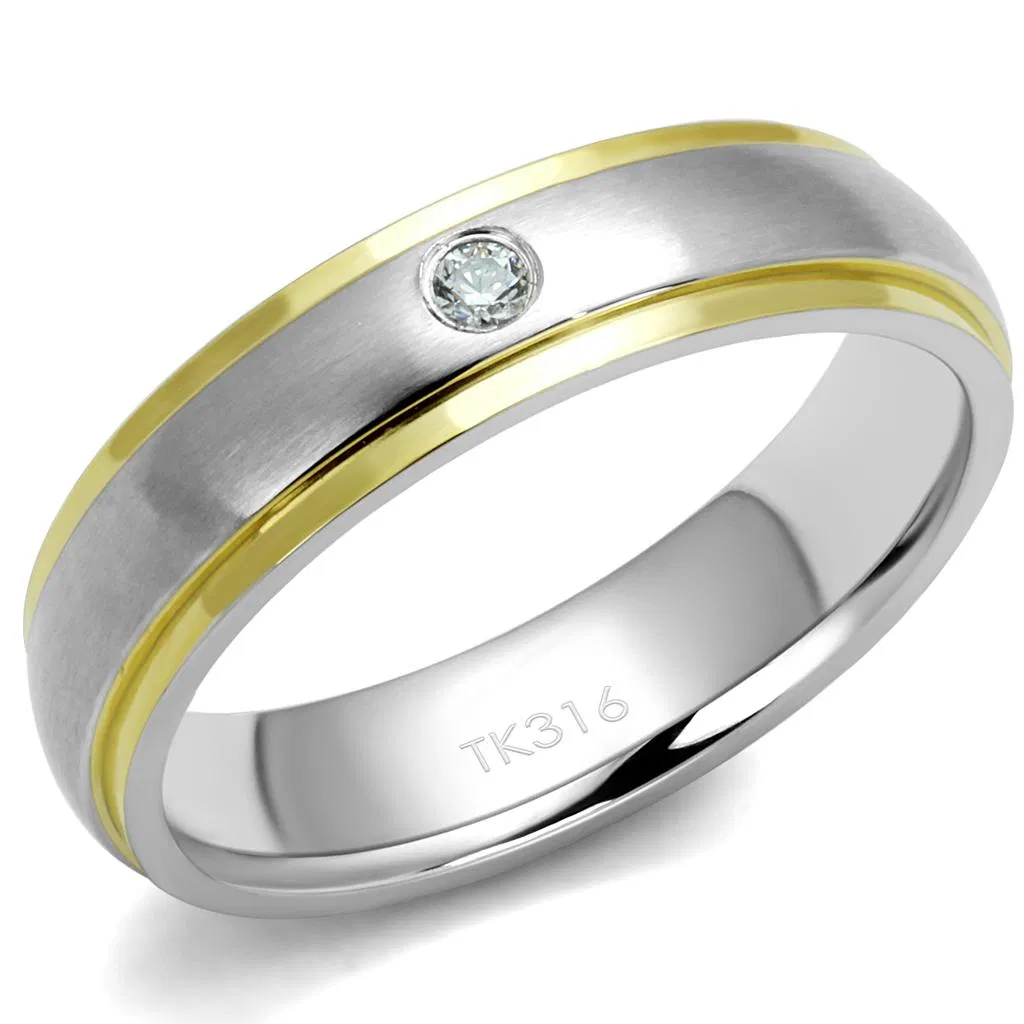 TK2938 - Two-Tone IP Gold (Ion Plating) Stainless Steel Ring with AAA Grade CZ in Clear - Grocery