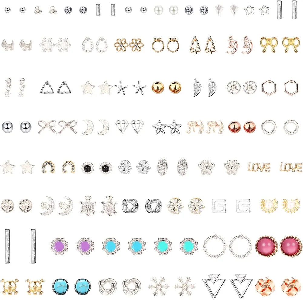 60Pairs Assorted Stud Earrings for Women Pack Cute Animal Faux Pearl Moon Star Bar Ball CZ Geometric Stud Earring Set - Grocery