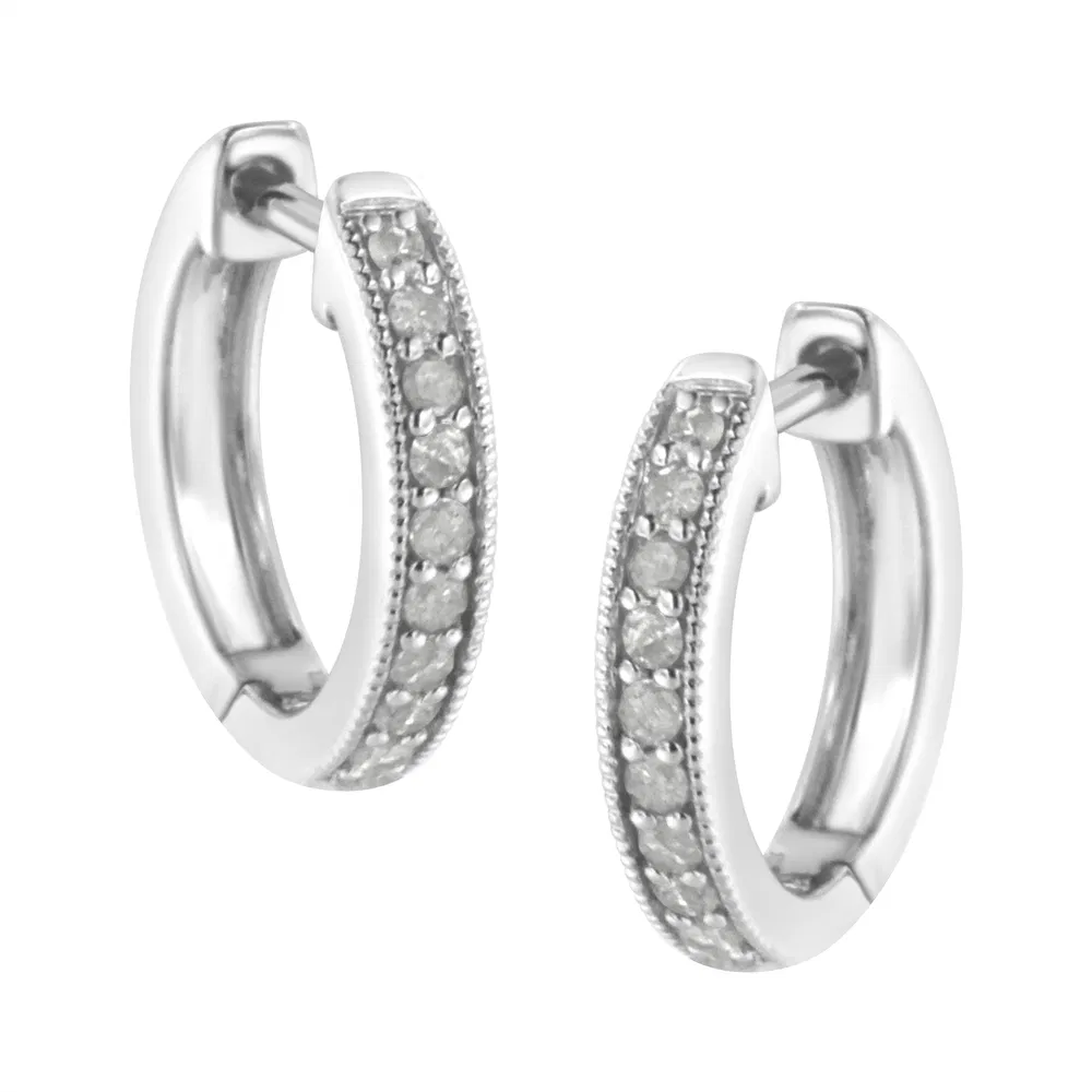 10K White Gold 1/4 cttw Shared Prong Set Round-Cut Diamond Beaded Hoop Earrings (I-J Color, I3 Clarity) - Grocery