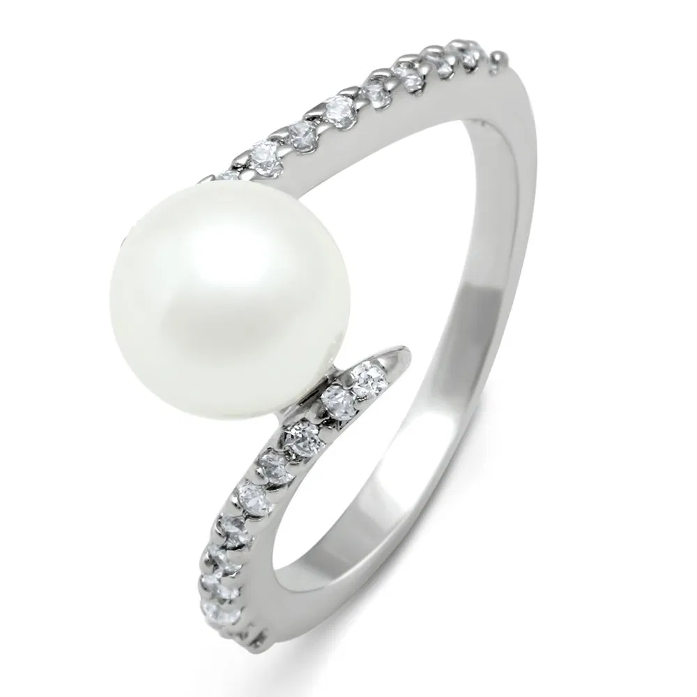 3W126 - Rhodium Brass Ring with Synthetic Pearl in White - Grocery