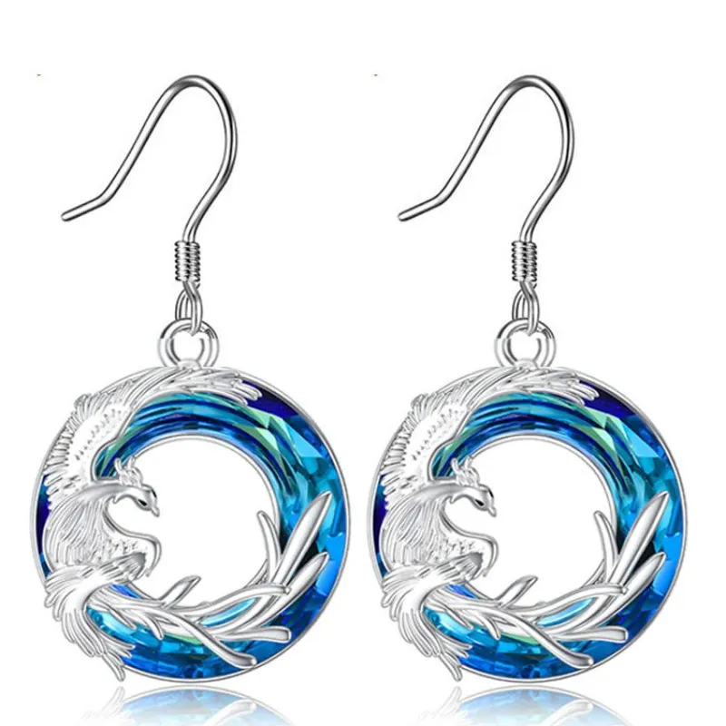1pair Funky Blue Silver Animals Phoenix Round Earrings Jewelry Accessories Gifts For Men Women - Grocery