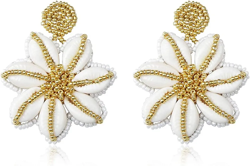 Beaded Statement Drop Earrings for Women Lightweight Handmade Flower Shape Bohemian Bead Earrings - Grocery